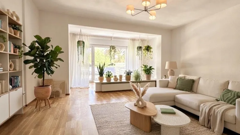 Helles Wohnzimmer mit bequemer Couch, Holzboden und vielen Pflanzen, die eine gemütliche Atmosphäre schaffen.