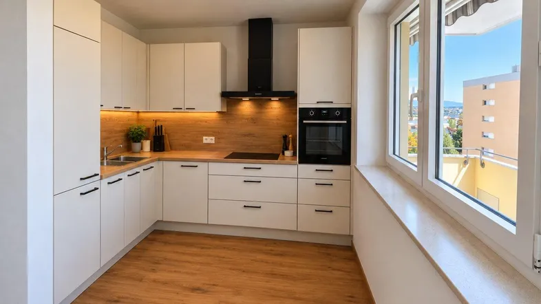 Moderne Küche mit weißen Schränken, Holzakzenten und einem großen Fenster mit Ausblick.