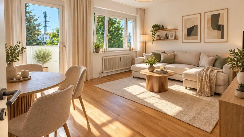 Helles Wohn- und Esszimmer mit Holzboden, beigem Sofa und Zugang zum Balkon.