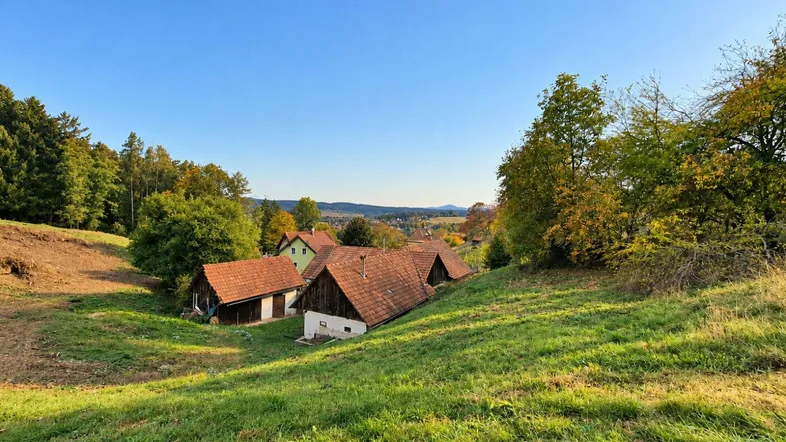 Ländliche Häuser mit roten Ziegeldächern eingebettet in eine grüne Hügellandschaft unter blauem Himmel.