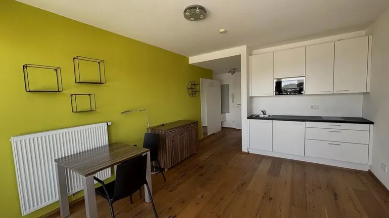 Helles Wohnzimmer mit Holzboden, einer kleinen Küchenzeile und einer auffälligen grünen Wand.