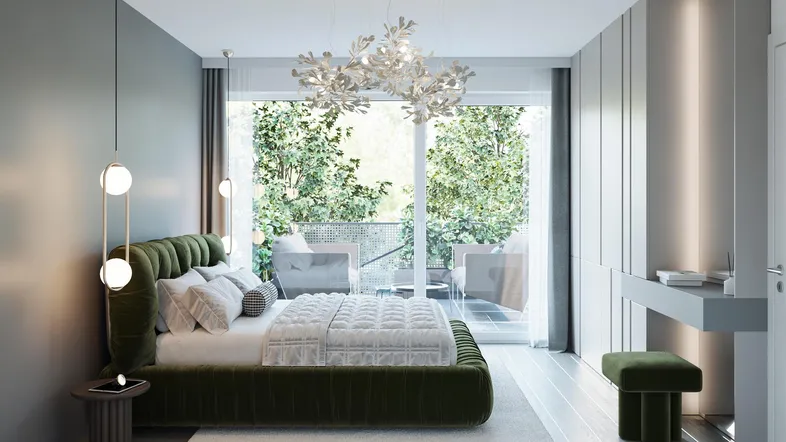 Modernes Schlafzimmer mit grünem Bett, eleganten Leuchten und direktem Zugang zum Balkon.