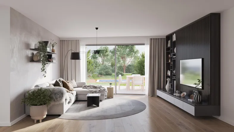 Modernes Wohnzimmer mit Holzboden, großem Sofa und Zugang zu Terrasse und Garten mit Pool.