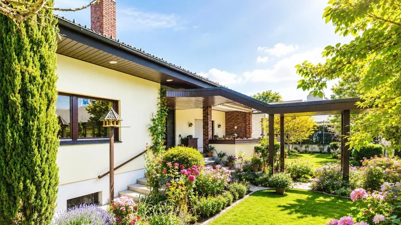Gepflegter Gartenbereich mit üppiger Bepflanzung, Rasenfläche und sonniger Terrasse am Haus.