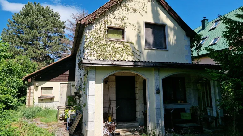 Vorderansicht eines älteren Einfamilienhauses mit bewachsenen Wänden und Satteldach.