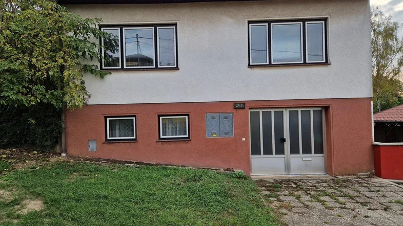 Vorderansicht eines Einfamilienhauses mit Garage und Gartenbereich.