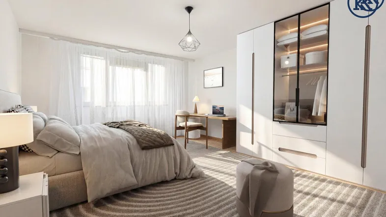 Modernes Schlafzimmer mit großem Bett, Kleiderschrank, Schreibtisch und hellem Teppichboden.