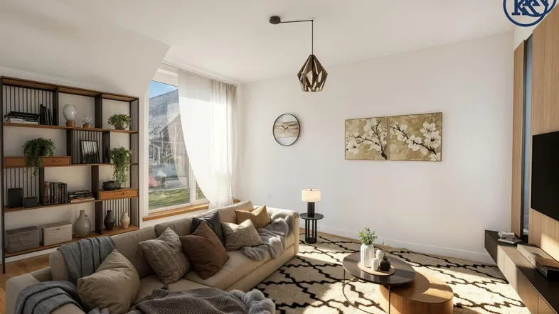 Helles Wohnzimmer mit modernem Sofa, Teppich und Bücherregal, durch große Fenster lichtdurchflutet.