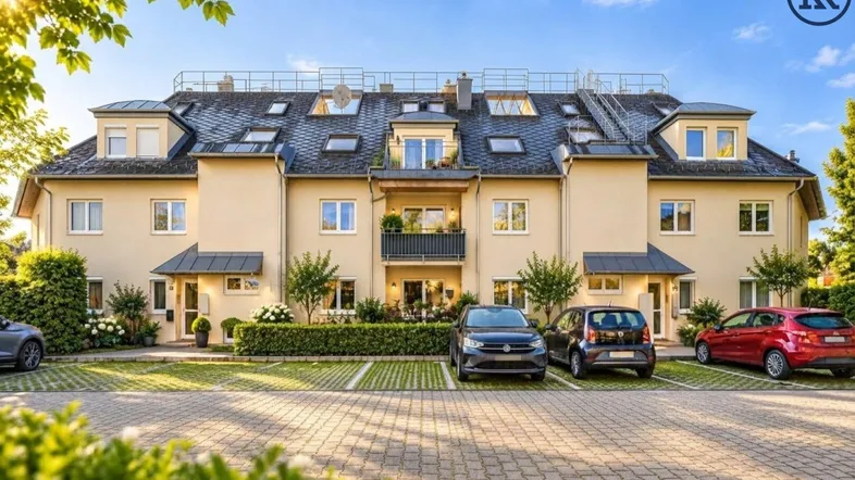 Modernes Mehrfamilienhaus mit gepflegter Fassade und Parkplätzen im Freien unter blauem Himmel.