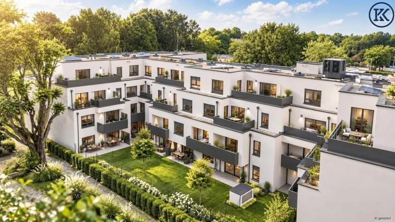 Moderne Wohnanlage mit mehreren Gebäudeteilen, begrüntem Innenhof und Balkonen.