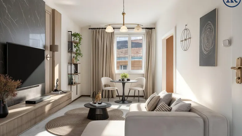 Modernes Wohnzimmer mit beigem Sofa, Holzelementen und einem kleinen Esstisch am Fenster.