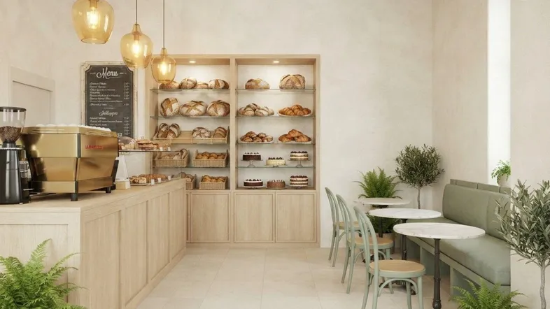 Helle Bäckerei mit Verkaufstheke, Auslagen und gemütlichem Sitzbereich, ideal für Kunden.