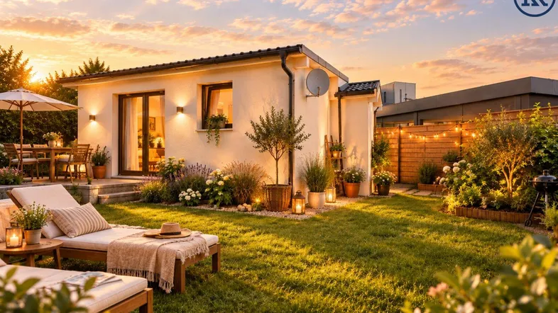Wunderschöner Garten mit gemütlicher Terrasse, Liegestühlen und stimmungsvoller Beleuchtung bei Sonnenuntergang.