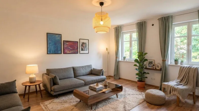 Helles Wohnzimmer mit bequemen Sofas, Holzboden und Blick ins Grüne durch große Fenster.