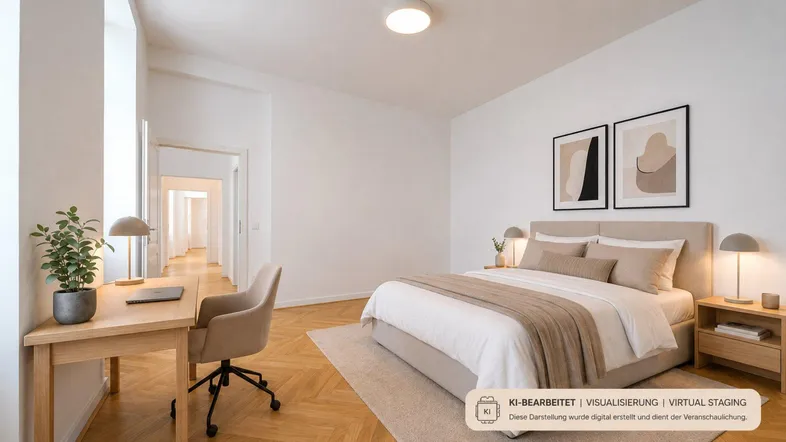 Helles Schlafzimmer mit modernem Bett, Schreibtisch und Blick in den Flur, virtuell inszeniert.