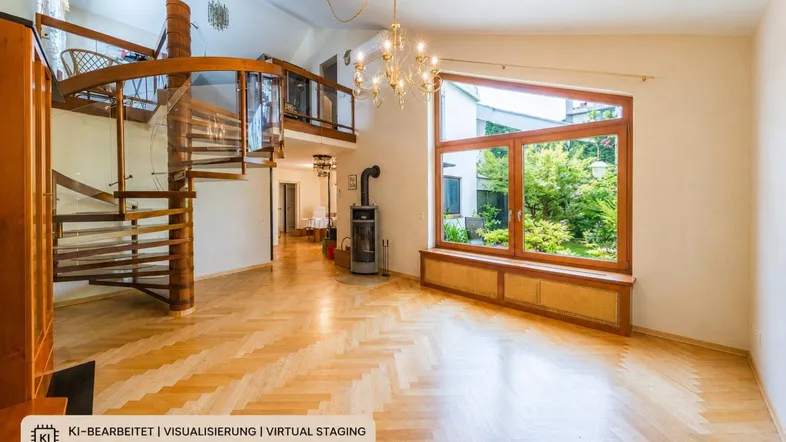 Helles Wohnzimmer mit Fischgrätparkett, Kaminofen und einer beeindruckenden Holzwendeltreppe.