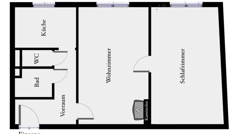 Grundriss einer Wohnung mit Eingangsbereich, Bad, WC, Küche, Wohnzimmer und Schlafzimmer.