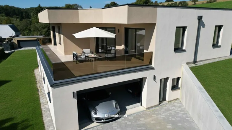 Moderne Architektur mit großer möblierter Terrasse, integrierter Garage und weitem Blick ins Grüne.