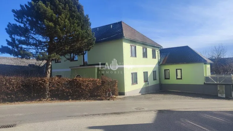 Grünes Gebäude mit traditioneller Architektur und einem großen Baum davor unter blauem Himmel.