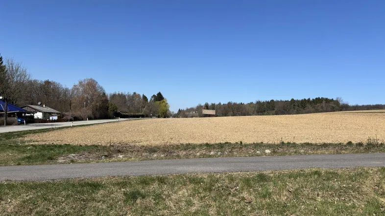 Weitläufiges Feld mit angrenzender Straße und vereinzelten Häusern in der Ferne unter blauem Himmel.