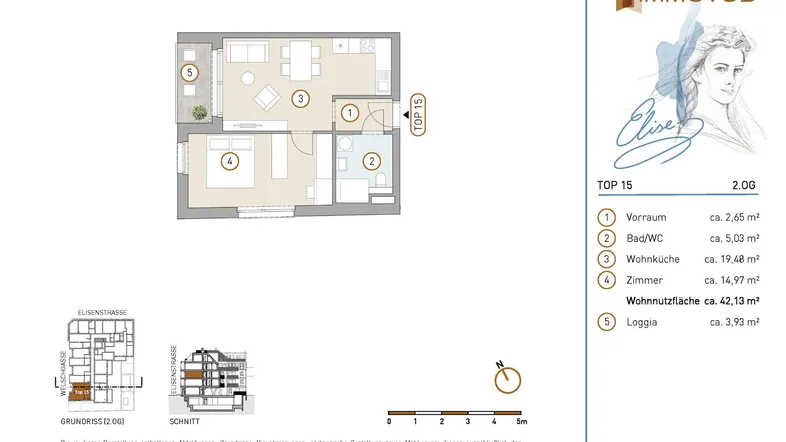 Grundriss einer Wohnung mit offener Wohnküche, Schlafzimmer und Loggia.