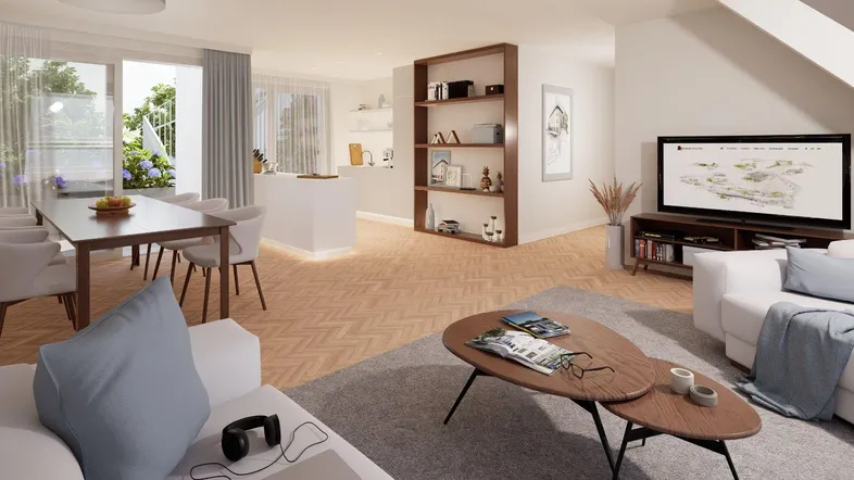 Heller, offener Wohn- und Essbereich mit moderner Einrichtung, Holzboden und Zugang zum Balkon.