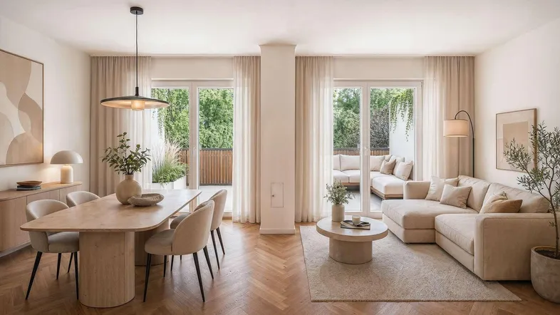 Helles Wohn- und Esszimmer mit modernem Interieur, Fischgrätparkett und Zugang zur Terrasse.