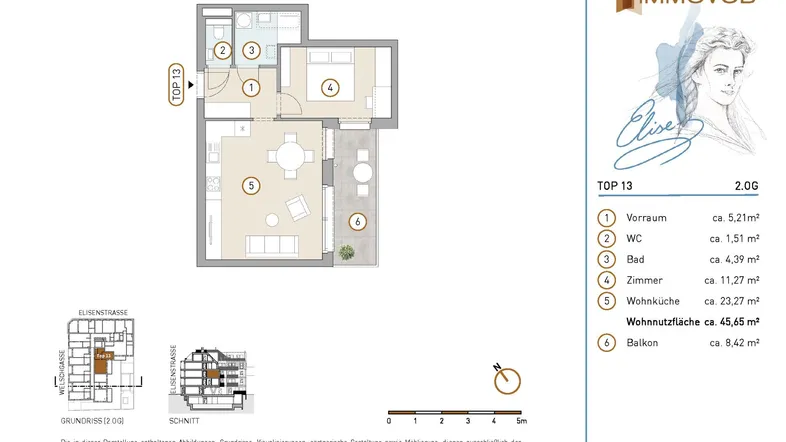 Grundriss der Wohnung TOP 13 mit Wohnküche, einem Schlafzimmer und Balkon.