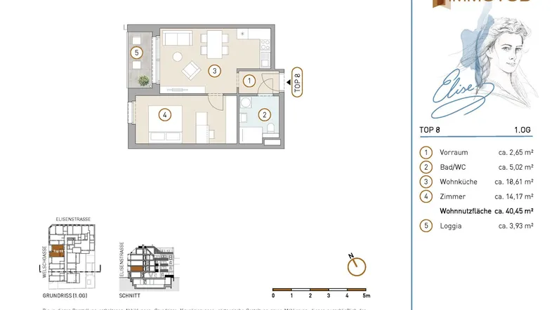 Grundriss der Wohnung TOP 8 mit offenem Wohn-Essbereich, einem Zimmer und Loggia.