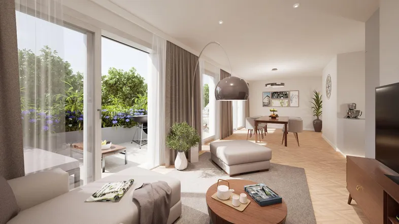 Helles, offenes Wohn-Esszimmer mit Zugang zu einer Terrasse und modernem Interieur.