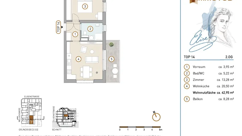Detaillierter Grundriss einer Wohnung mit Wohnküche, Schlafzimmer, Bad und Balkon.