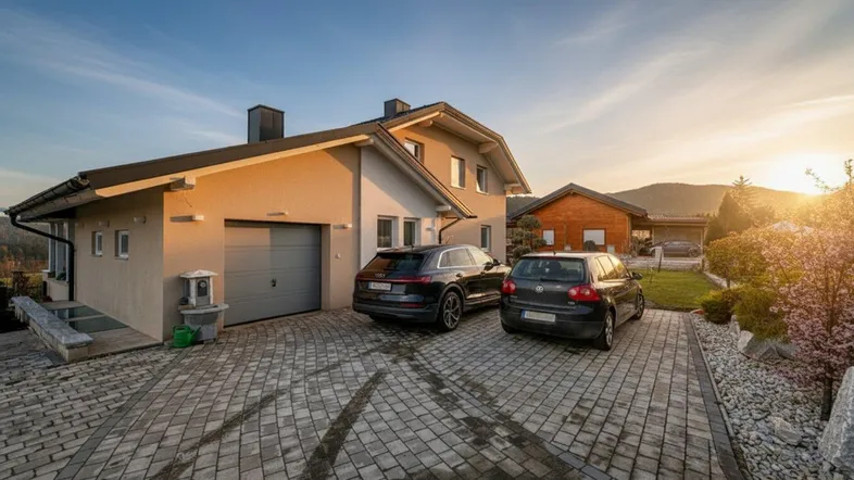 Hausfassade mit gepflasterter Auffahrt, Garage und zwei geparkten Autos bei Sonnenuntergang.