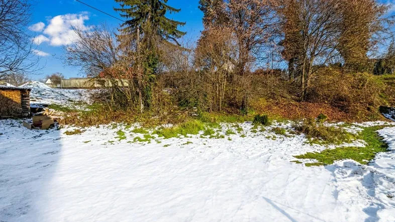Winterlicher Gartenbereich mit Schnee, Bäumen und einer kleinen Holzhütte unter blauem Himmel.