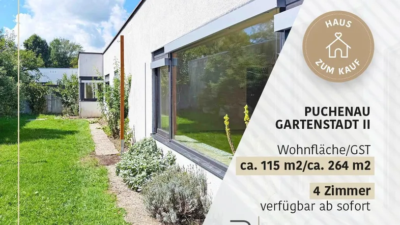 Modernes Haus mit weißer Fassade und großen Fenstern, umgeben von einem grünen Garten.