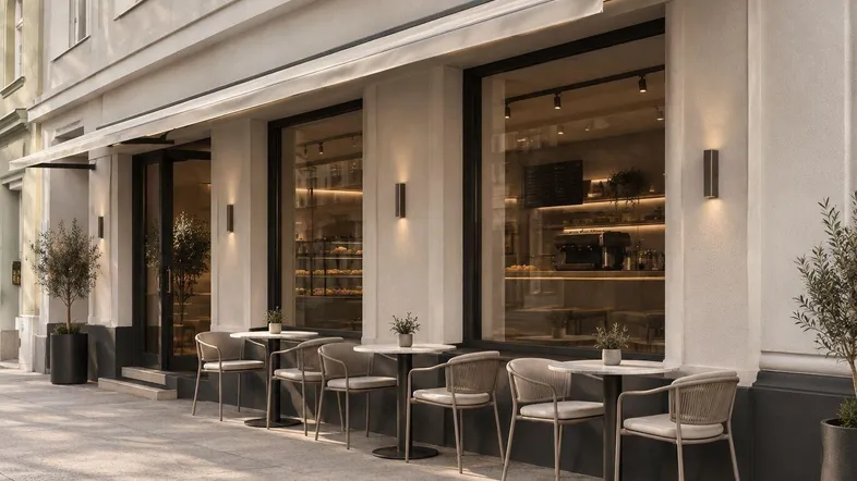 Moderne Café-Fassade mit stilvollen Außenmöbeln und Markise, die zum Verweilen einlädt.