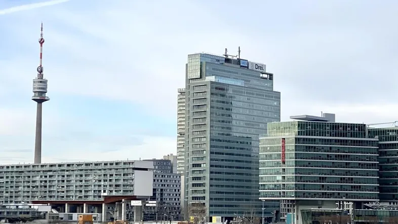 Panoramablick auf die moderne Stadtlandschaft mit Hochhäusern und dem Donauturm unter einem bewölkten Himmel.