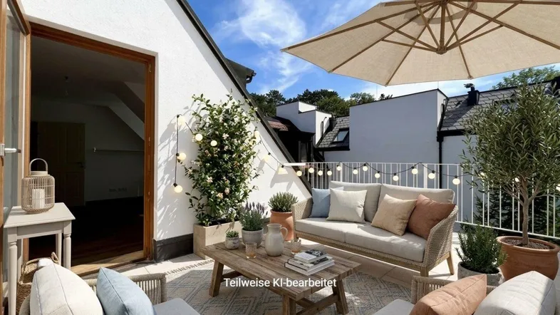 Möblierte Dachterrasse mit Sonnenschirm, Pflanzen und Lichterkette, ideal zum Entspannen im Freien.