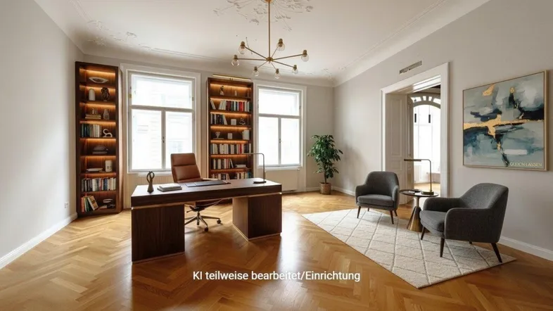 Elegantes Büro mit Fischgrätparkett, hohen Decken und großen Fenstern, ausgestattet mit stilvollen Möbeln und Bücherregalen.