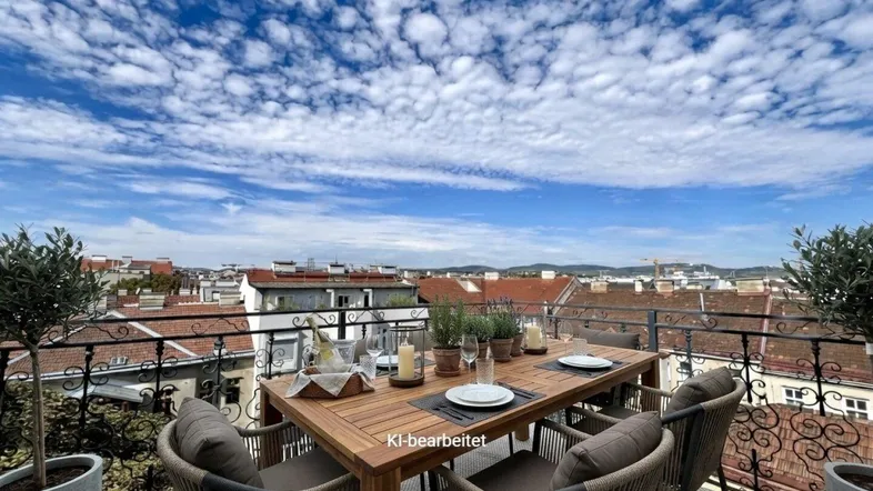 Möblierte Dachterrasse mit Esstisch und Stühlen, bietet einen weiten Blick über die Stadt.