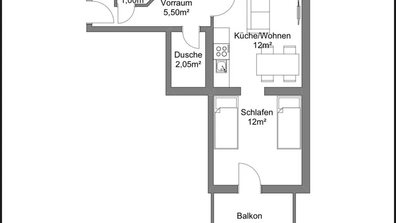 Grundriss einer kleinen Wohnung mit WC, Dusche, Küche/Wohnen, Schlafzimmer und Balkon.