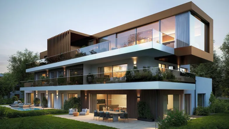 Moderne Wohnanlage mit mehreren Terrassen, Balkonen, einem Pool und weitläufigen Grünflächen.