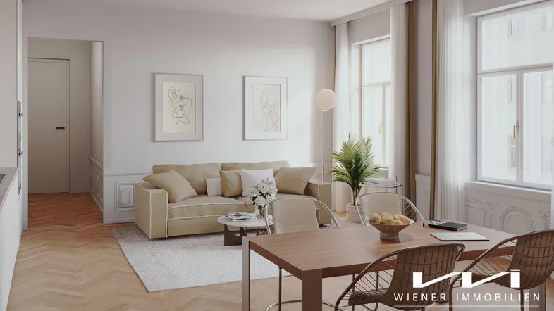 Heller, offener Wohn- und Essbereich mit modernem Design und Parkettboden.