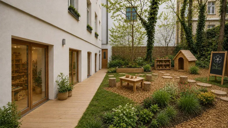 Grüner Innenhof mit Holzterrasse, Spielbereich und üppiger Bepflanzung zwischen den Gebäuden.