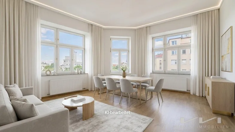 Helles Wohn- und Esszimmer mit Parkettboden, großen Fenstern und moderner Einrichtung.