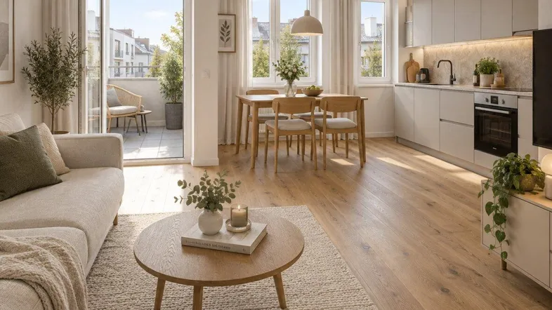 Heller, offener Wohn-Essbereich mit integrierter Küche, Holzboden und Zugang zum Balkon.