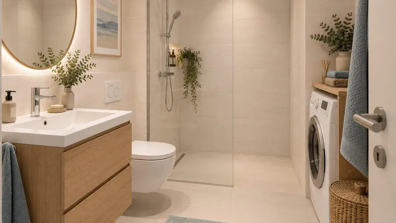 Modernes Badezimmer mit begehbarer Dusche, Waschbeckenunterschrank und integrierter Waschmaschine.