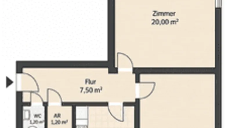 Grundriss einer Wohnung mit zwei Zimmern, separater Küche, Bad, WC und einem Balkon.