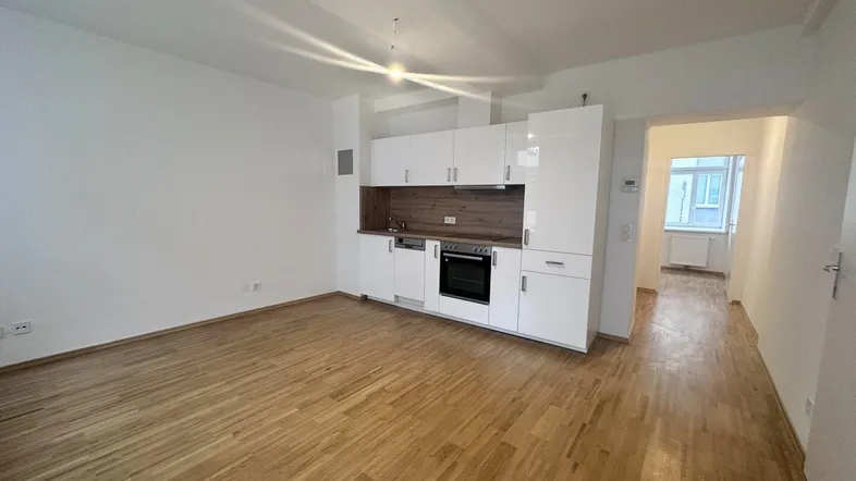 Heller Wohn-Essbereich mit moderner Einbauküche, Parkettboden und viel Tageslicht.
