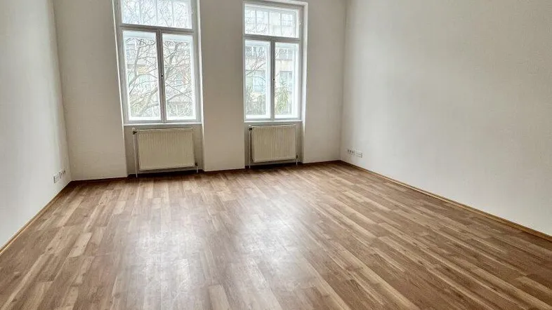 Heller, leerer Raum mit ansprechendem Laminatboden und zwei großen Fenstern, ideal als Wohn- oder Schlafzimmer.