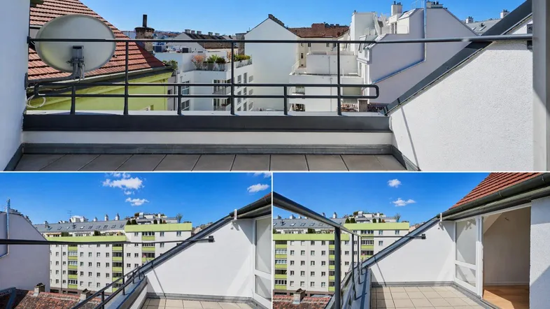 Geräumige Dachterrasse mit Fliesenboden und Blick auf die umliegenden Gebäude unter blauem Himmel.